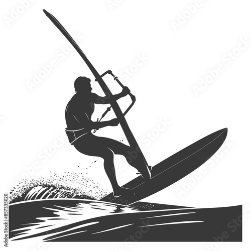 silhouette man windsurfing athlete in action full body black color only