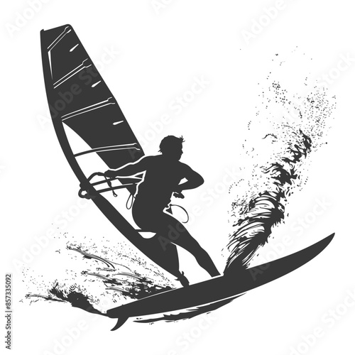 silhouette man windsurfing athlete in action full body black color only