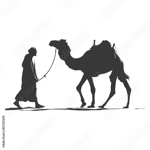 Desert Silhouette: Bedouin and Camel Walking.