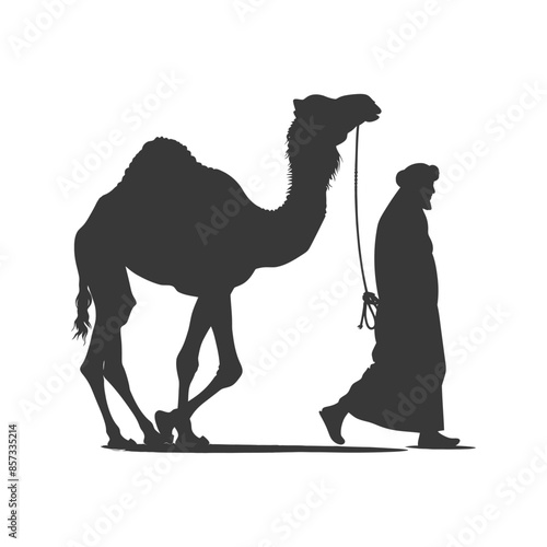 Silhouette of a Bedouin Man Leading a Camel, Desert Travel Icon