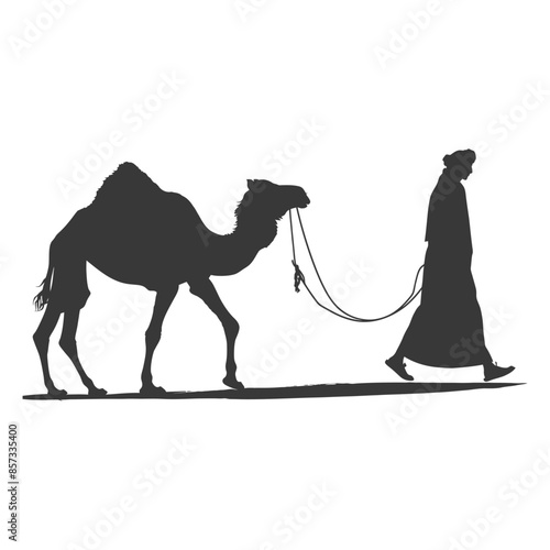 silhouette of muslim man walks leading a tied camel black color only