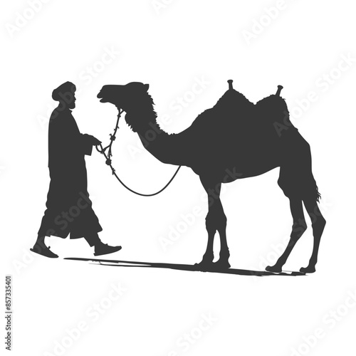 silhouette of muslim man walks leading a tied camel black color only