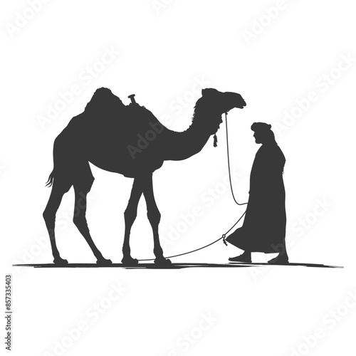 silhouette of muslim man walks leading a tied camel black color only