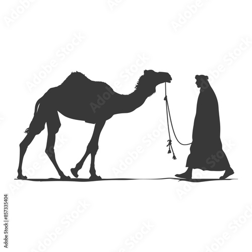 silhouette of muslim man walks leading a tied camel black color only