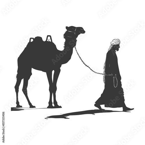 silhouette of muslim man walks leading a tied camel black color only