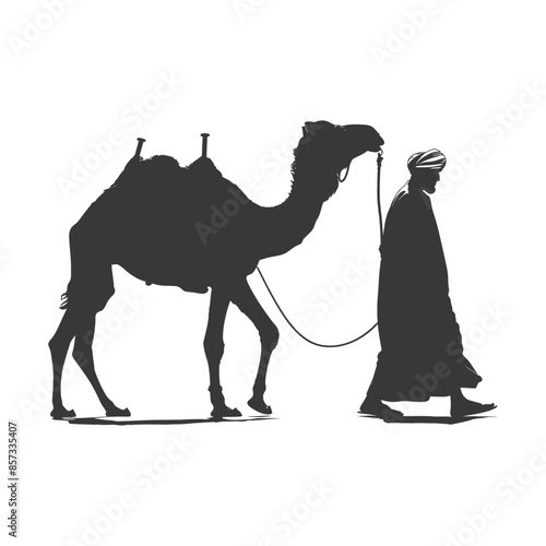 silhouette of muslim man walks leading a tied camel black color only