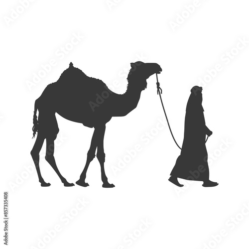 silhouette of muslim man walks leading a tied camel black color only