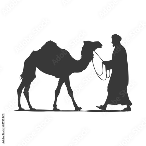 silhouette of muslim man walks leading a tied camel black color only