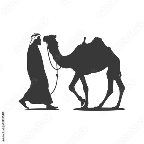 silhouette of muslim man walks leading a tied camel black color only