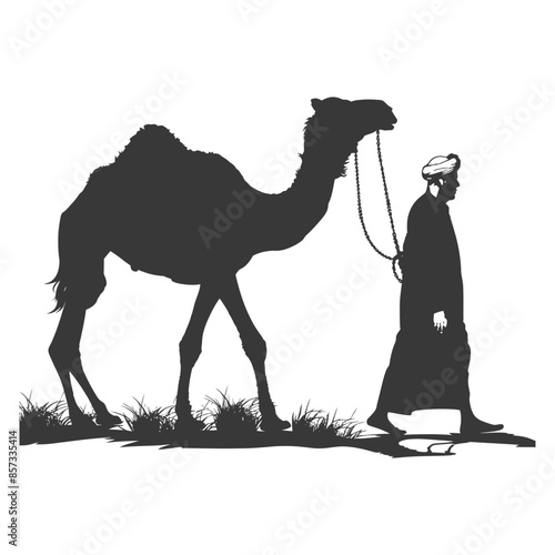 silhouette of muslim man walks leading a tied camel black color only
