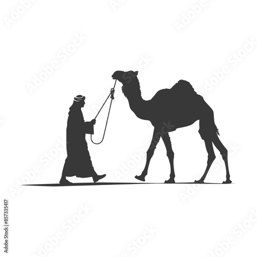 silhouette of muslim man walks leading a tied camel black color only