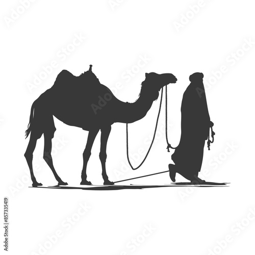 silhouette of muslim man walks leading a tied camel black color only