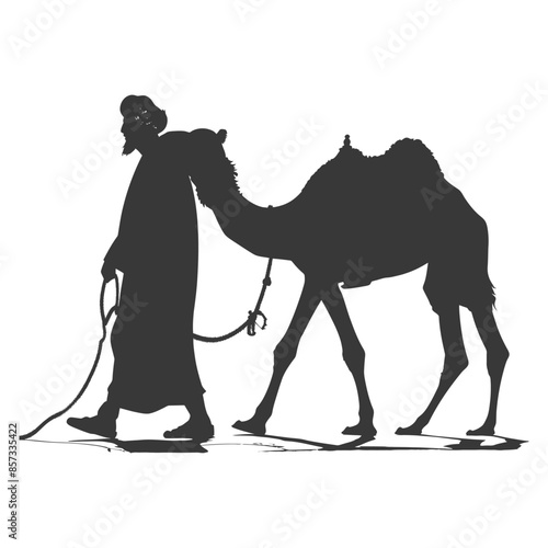 silhouette of muslim man walks leading a tied camel black color only