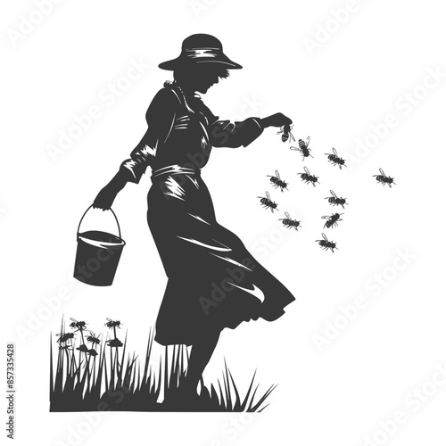 silhouette woman beekeeper in action black color only