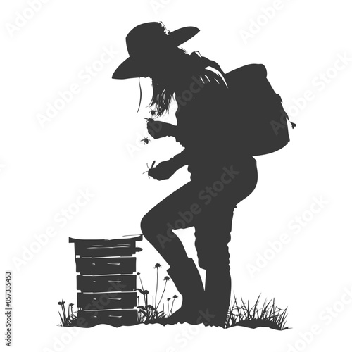 silhouette woman beekeeper in action black color only