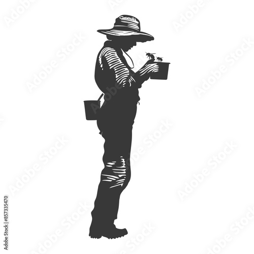 silhouette woman beekeeper in action black color only