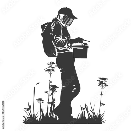silhouette woman beekeeper in action black color only