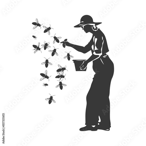 silhouette woman beekeeper in action black color only