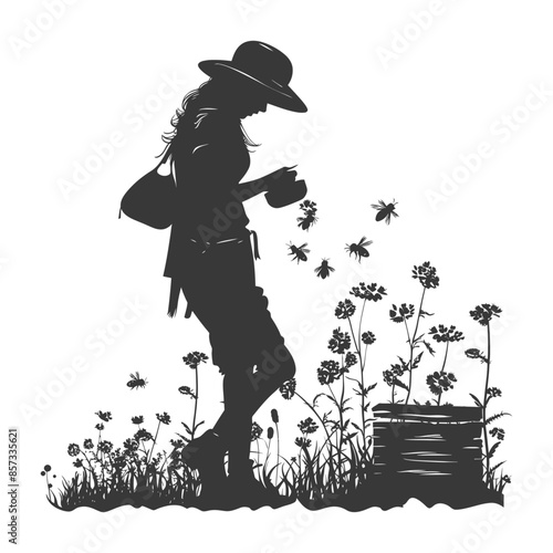 silhouette woman beekeeper in action black color only