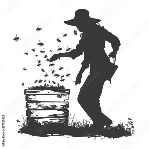 silhouette woman beekeeper in action black color only