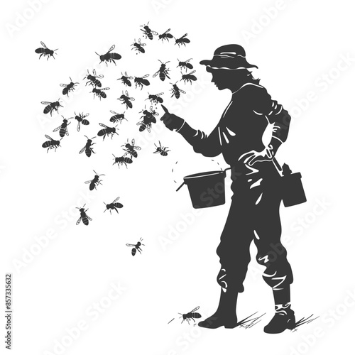silhouette woman beekeeper in action black color only