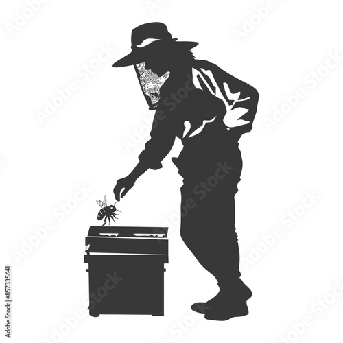 silhouette woman beekeeper in action black color only