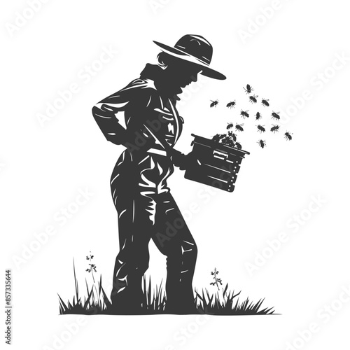 silhouette woman beekeeper in action black color only