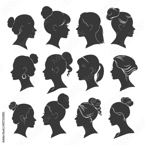 Silhouette Collection: Female Portraits with Diverse Hairstyles, Vector Set