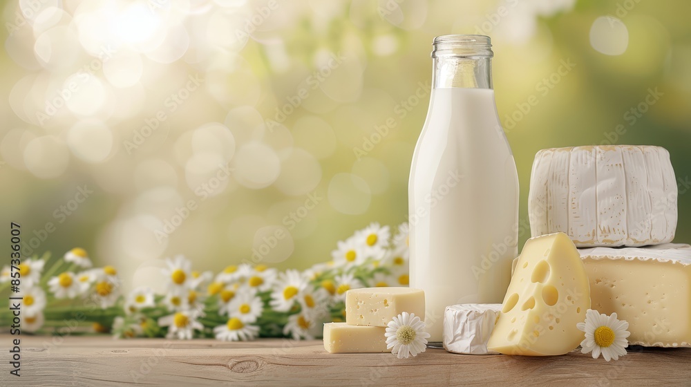 Assorted cheeses and a bottle of milk on a wooden table, meadow filled with daisies in the golden sunset light. Highlighting organic and healthy dairy options for diet-conscious consumers Assorted cheeses and a bottle of milk on a wooden table, meadow filled with daisies in the golden sunset light. Highlighting organic and healthy dairy options for diet-conscious consumers
