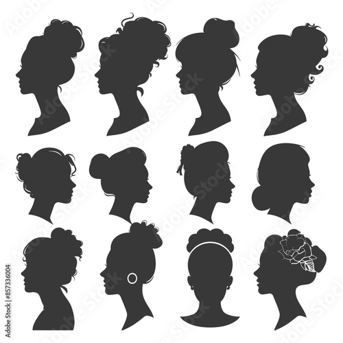 Elegant Hairstyle Silhouettes: Woman's Profile with Updo, Bun, and Flower Details - Vector Collection
