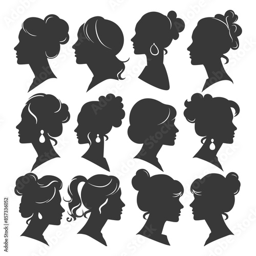 Elegant Women Silhouettes: Diverse Hairstyles & Jewelry, Vintage Style Collection
