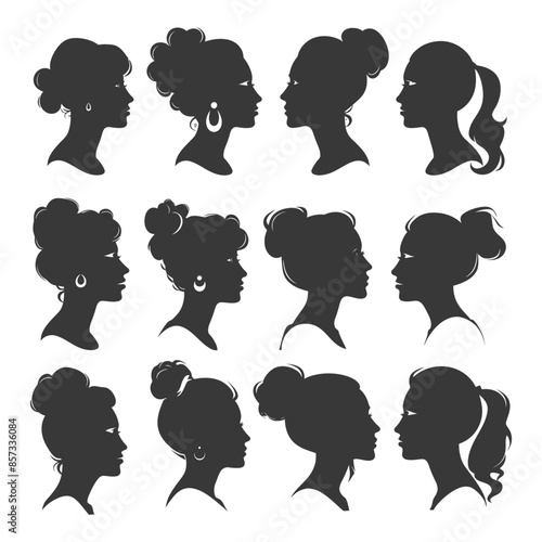 Elegant Ladies: Silhouette Portrait Collection with Varied Hairstyles and Jewelry