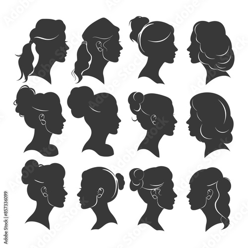 Silhouette Woman Heads: Assorted Hairstyle Collection, Side Profiles, Vector.