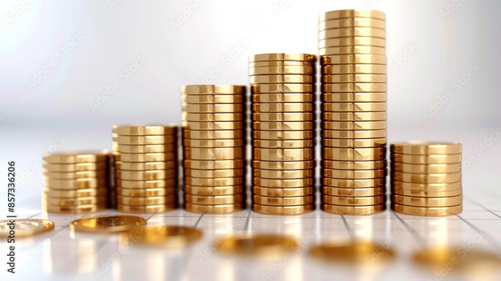 3D graph made of gold coins rising on a white background, the bars composed of neatly stacked coins, representing financial growth and wealth accumulation 3D graph made of gold coins rising on a white background, the bars composed of neatly stacked coins, representing financial growth and wealth accumulation