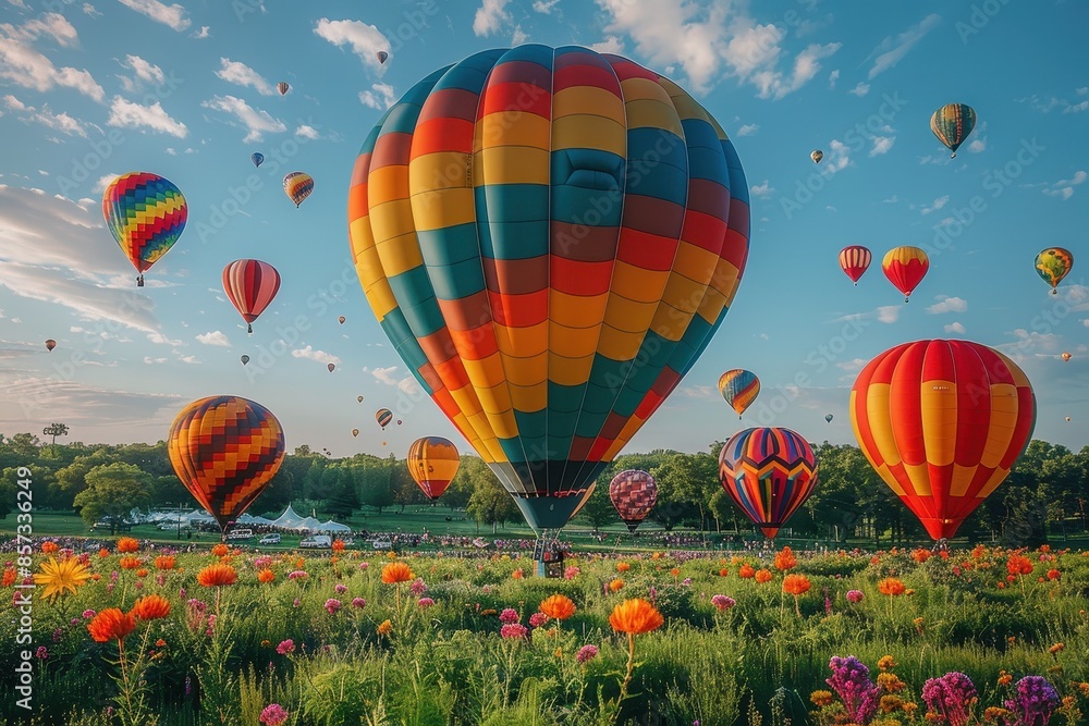 Fototapeta premium A hot air balloon festival with numerous balloons in various colors and patterns floating in the sky. 