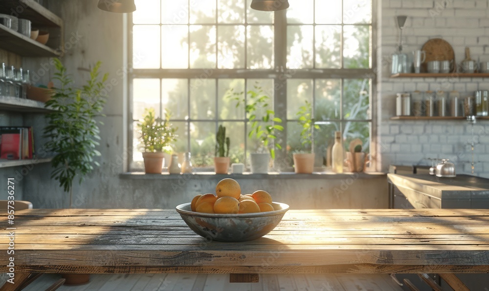 Industrial dining room with an empty fruit bowl Industrial dining room with an empty fruit bowl