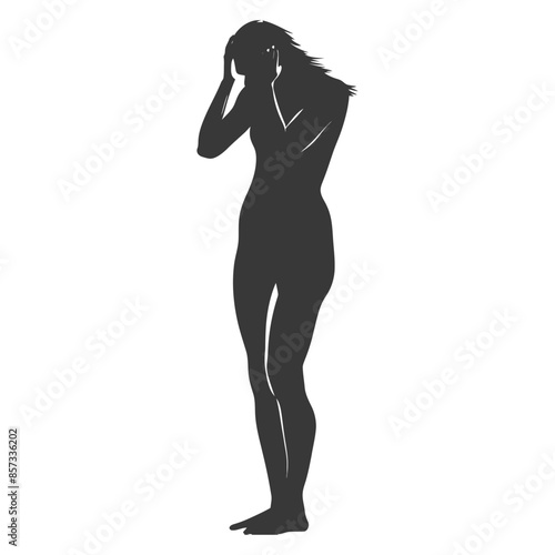 Silhouette of a woman covering her face in distress, full body, vector.