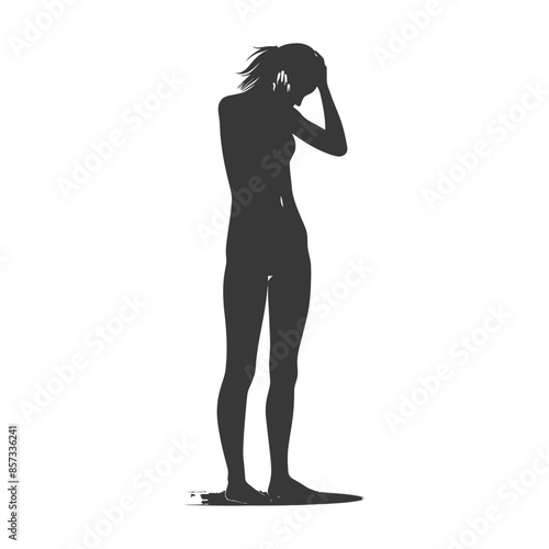 Silhouette of a dejected woman with hand on her head, isolated.