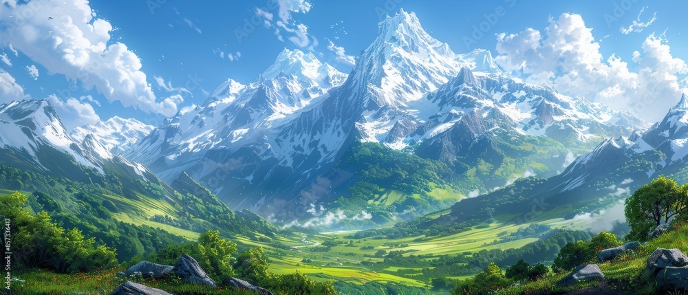 Majestic mountain range with snow-capped peaks, a clear blue sky, and a lush green valley below, capturing the grandeur of nature Majestic mountain range with snow-capped peaks, a clear blue sky, and a lush green valley below, capturing the grandeur of nature