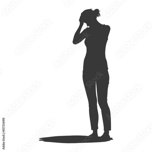 Silhouette of Woman in Despair: Head in Hands, Isolated on White.