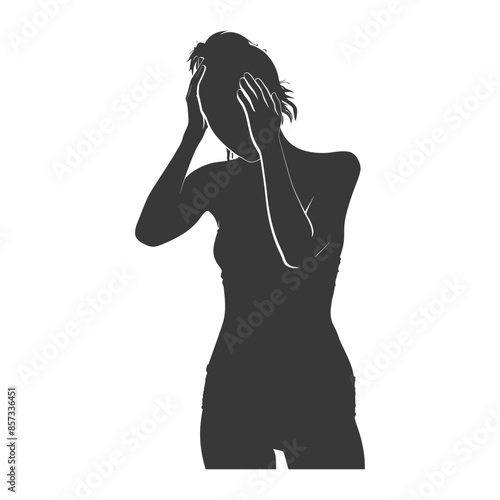 Silhouette of a woman with hands in hair, stressed or in pain.