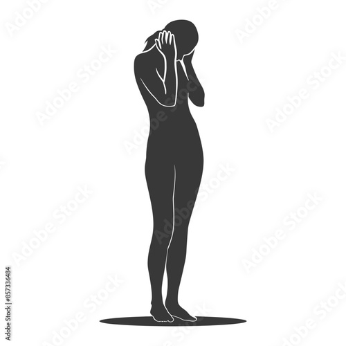 Silhouette of a Woman in Despair, Head in Hands, Standing on White.