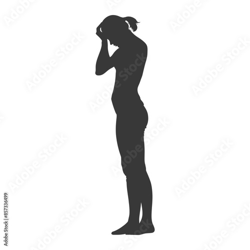 Silhouette of a Woman with Hands to Head, Expression of Grief or Stress.