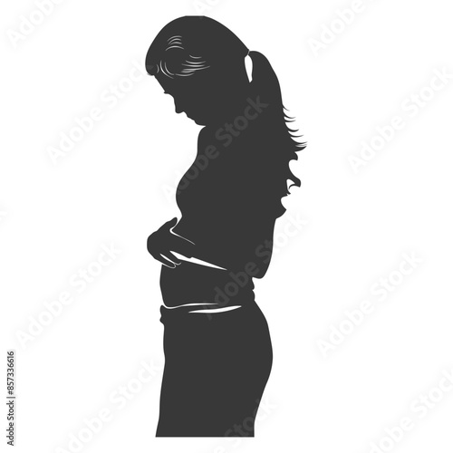 Silhouette of a Woman Embracing Her Stomach, Side View, Solid Gray on White.
