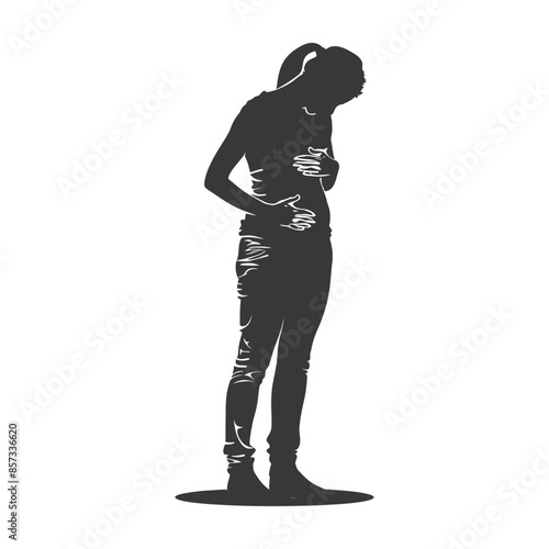 Distressed Silhouette: Woman Clasping Stomach in Pain, Textured Vector.