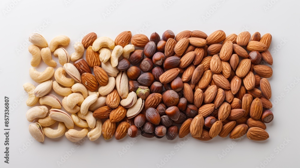 A rectangle of assorted nuts on a white background, including almonds, pistachios, cashews, and walnuts, arranged in a clean and precise pattern A rectangle of assorted nuts on a white background, including almonds, pistachios, cashews, and walnuts, arranged in a clean and precise pattern