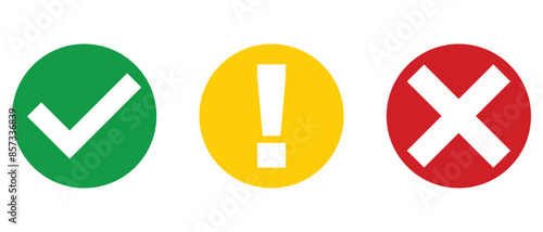 Set of flat round check mark, exclamation point, X mark icons, buttons isolated on a white background. vector illustration.