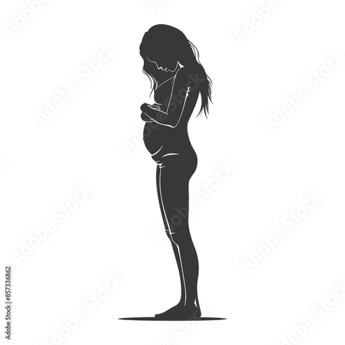 Silhouette of Introspective Pregnant Woman Holding Baby Bump, Simple Graphic.