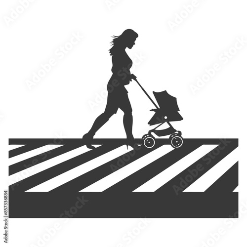 Silhouette of a Woman in Heels Pushing a Stroller on a Zebra Crossing.