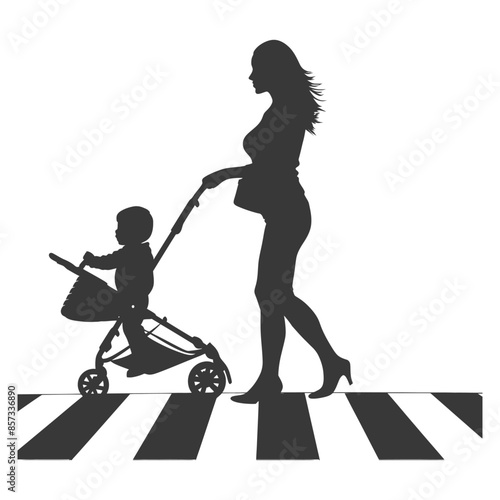 Pregnant Woman Silhouette with Child in Stroller on Zebra Crossing.